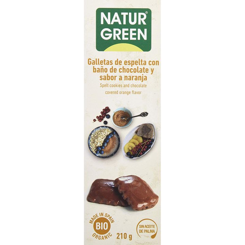 Galletas de Trigo Espelta con fondo de Chocolate y Naranja. Naturgreen
